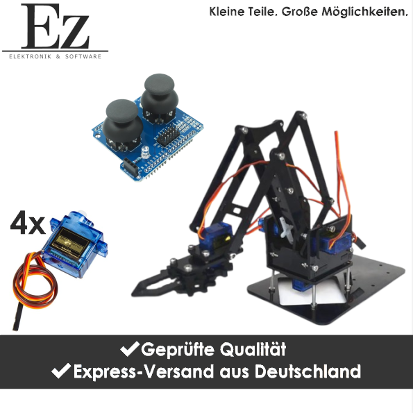 3 in 1 DIY Acryl Roboterarm – 4 DOF Manipulator mit SG90 Servos und Joystick